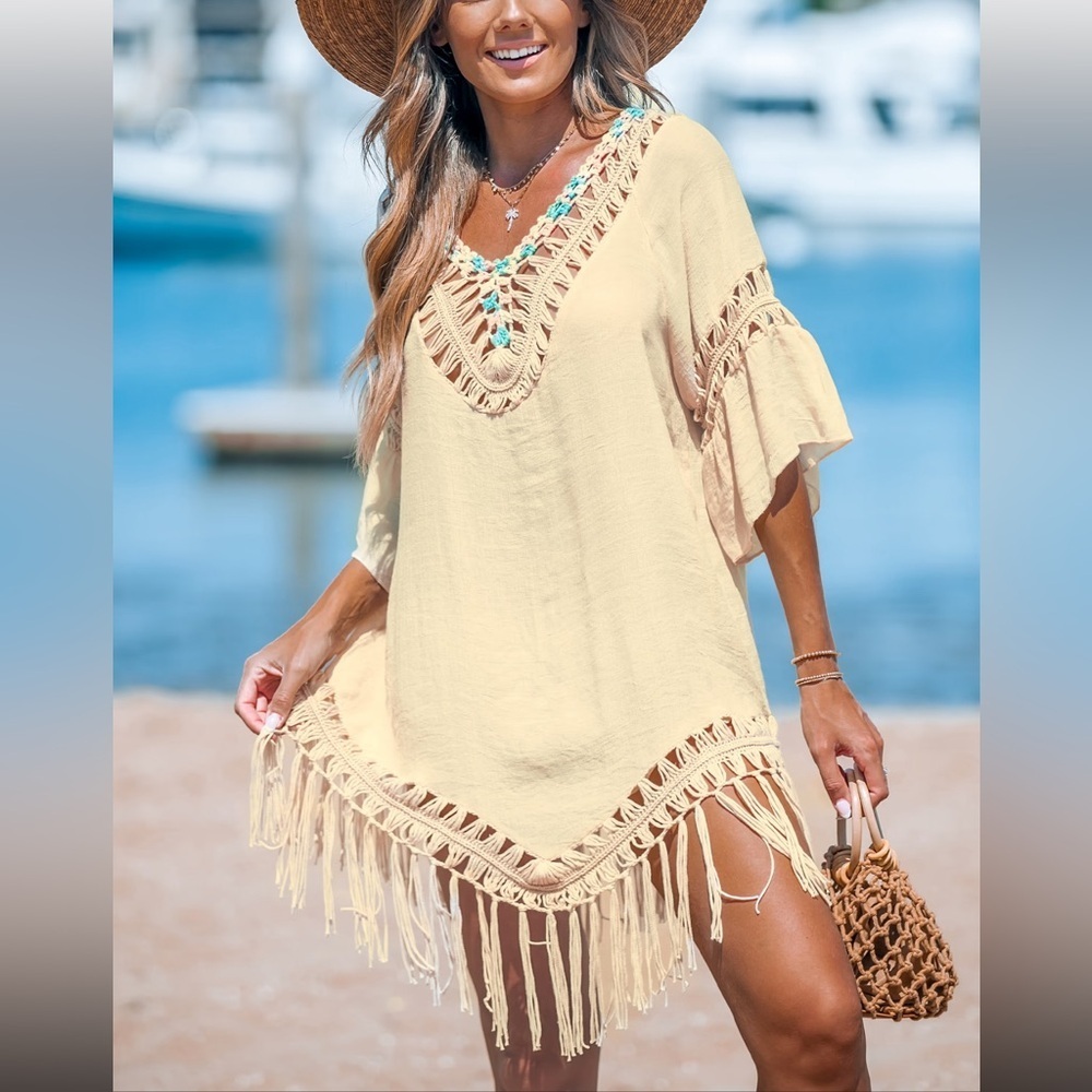 SHEIN Crochet Deep V-Back Tassel Cover Up  Swim Beach Lightweight Bohemian XL